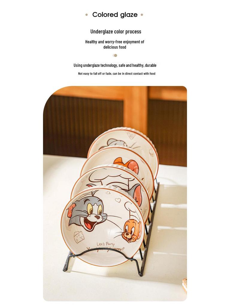 Набор керамических мисок и тарелок «Том и Джерри»: Мультяшный подглазурный цвет, термостойкая, высококачественная посуда.