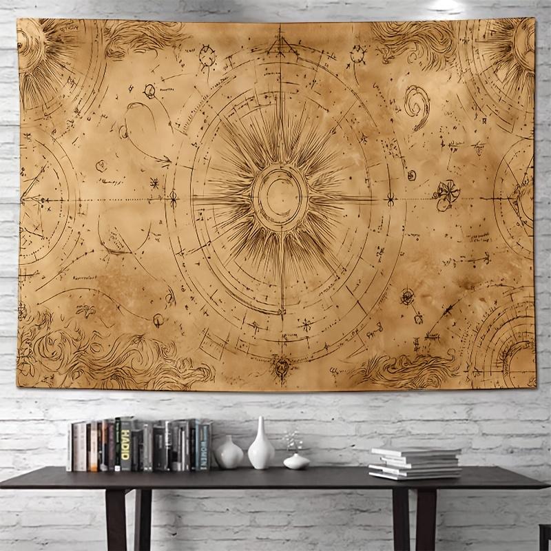 Antique Compass Map Tapestry 2D Digital Print Polyester Wall Hanging Living Room Bedroom Office Studio Decor with Hooks