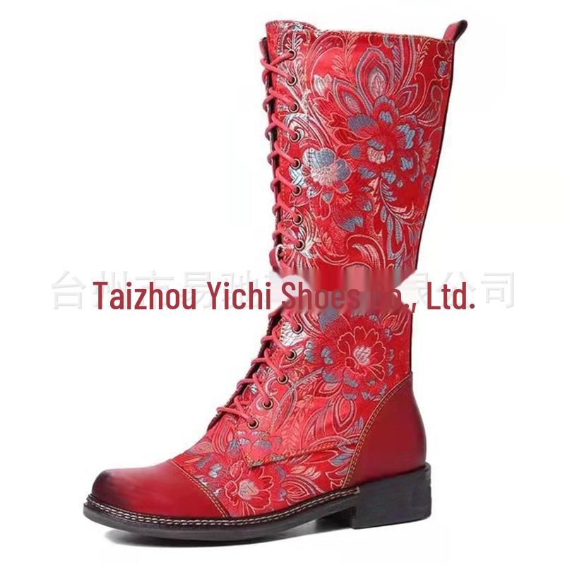 Женские рыцарские сапоги до середины голени с этническим принтом «тотем» и квадратным каблуком