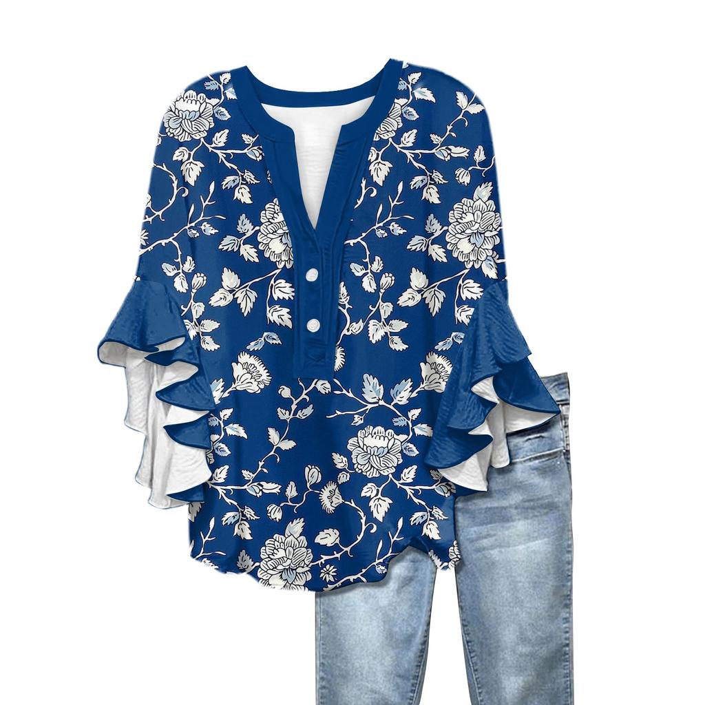 Summer Women's Tops V-Neck Seven Sleeve Shirt Spring Summer Floral Printed Tops Casual Shirt