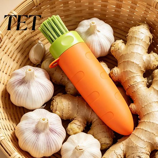 Kitchen Cleaning Brush 3-in-1 Garlic Peeler, Carrot Shape Vegetable Portable Ginger Compact Storage Tool Scrubber with Brush, Multi-Functional