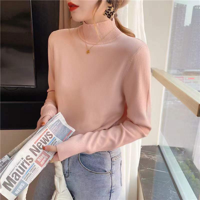 Женский пуловер свитер осень зима свободная верхняя одежда полувысокий воротник вязаный базовый слой нежный топ