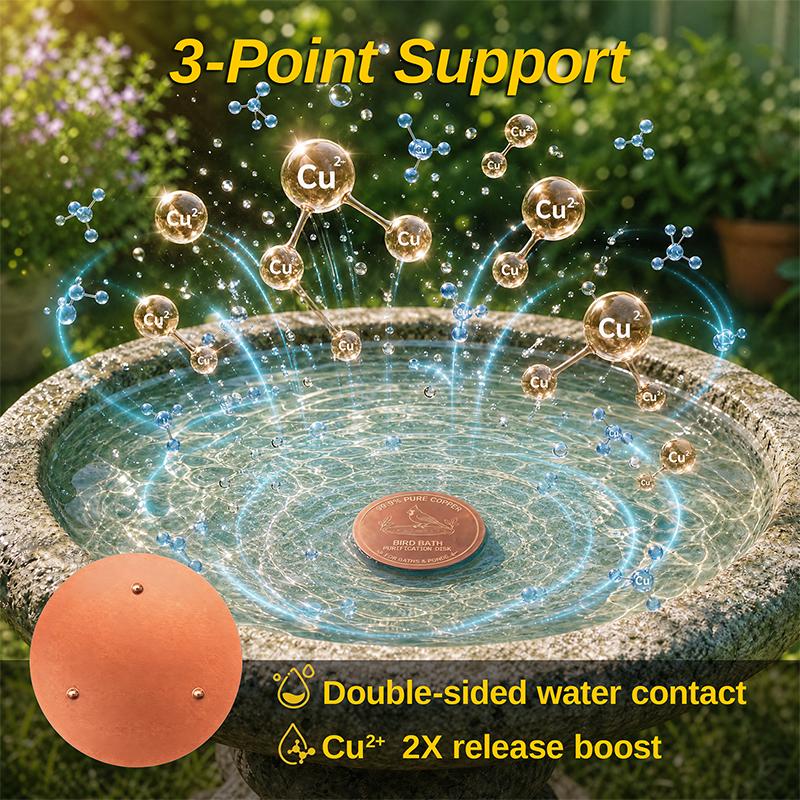 Bird Bath Copper Disk, 0.6mm Thick with Stable Triple-Point Support, All-Season Use, Universal Fit for Outdoor Birdbath