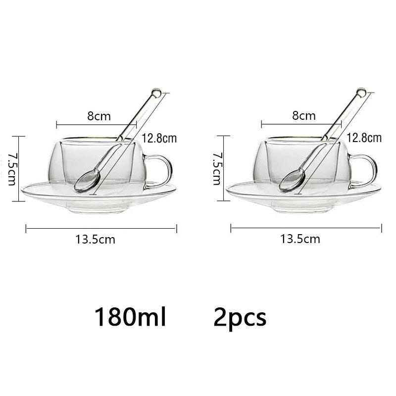 180/250 мл Двойная стеклянная кофейная кружка с ложкой, прозрачная, термостойкая, кружка для молока и эспрессо с блюдцем для десерта, набор стеклянных стаканов