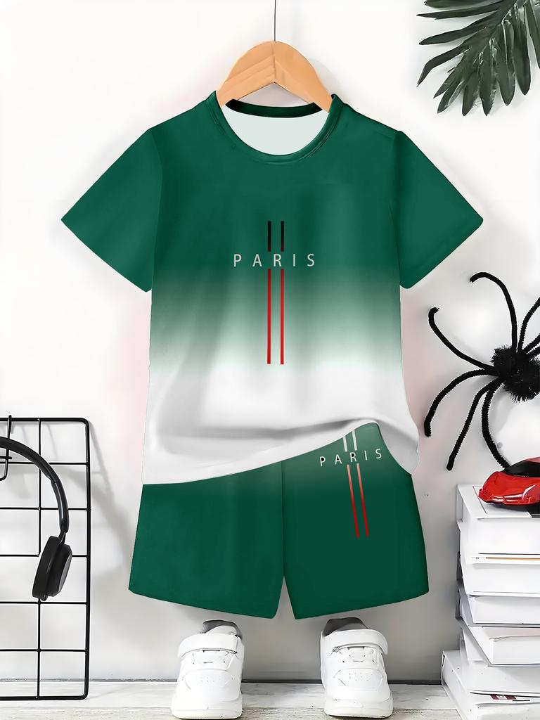 Kids Clothes Paris Letter Theme Gradient Printed Set for Boys 2-10Y Summer Outdoor Children's Casual Fashion Streetwear Outfit