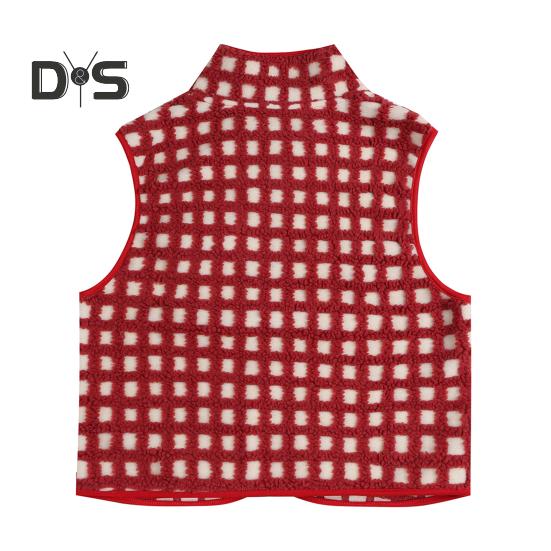 Women Vest Jacket Stand-up Collar Contrast Color Sleeveless Checked Pattern Cardigan Waistcoat Zipper Closure Daily Outdoor Outerwear