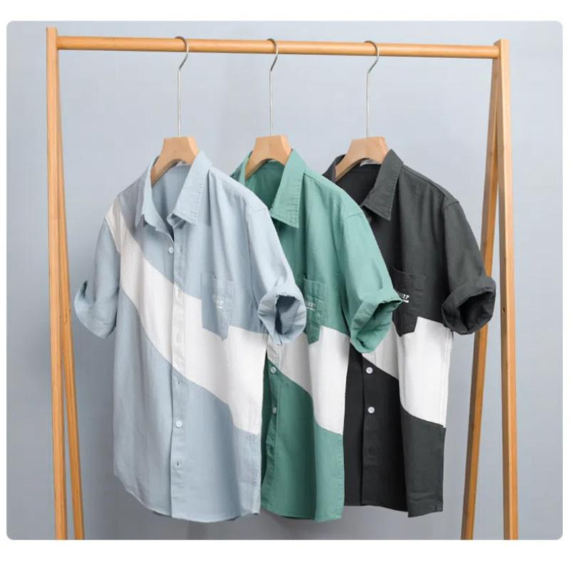 Корейская мода пэчворк мужские рубашки летние повседневные красивые рубашки с коротким рукавом из чистого хлопка мягкая и удобная мужская одежда