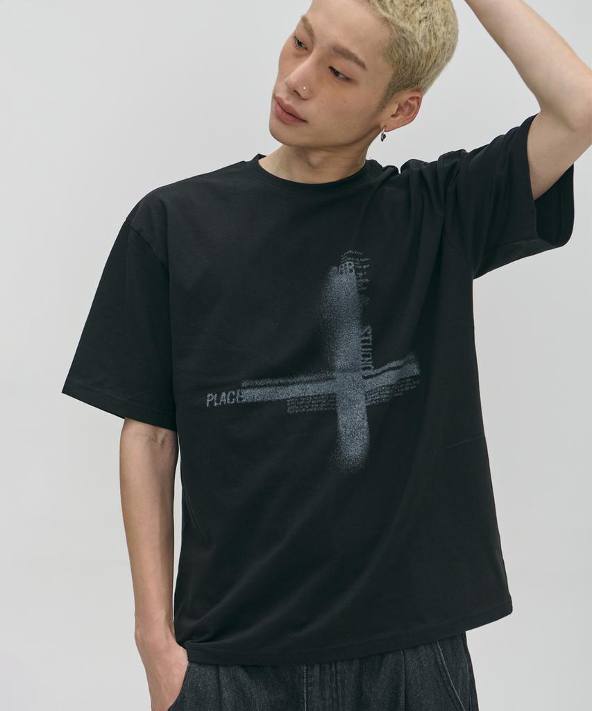 PLACESTUDIOMAN Round Neck Oversized Casual Short Sleeve T-Shirt With Cross Lettering Graphic Point _3 Colors