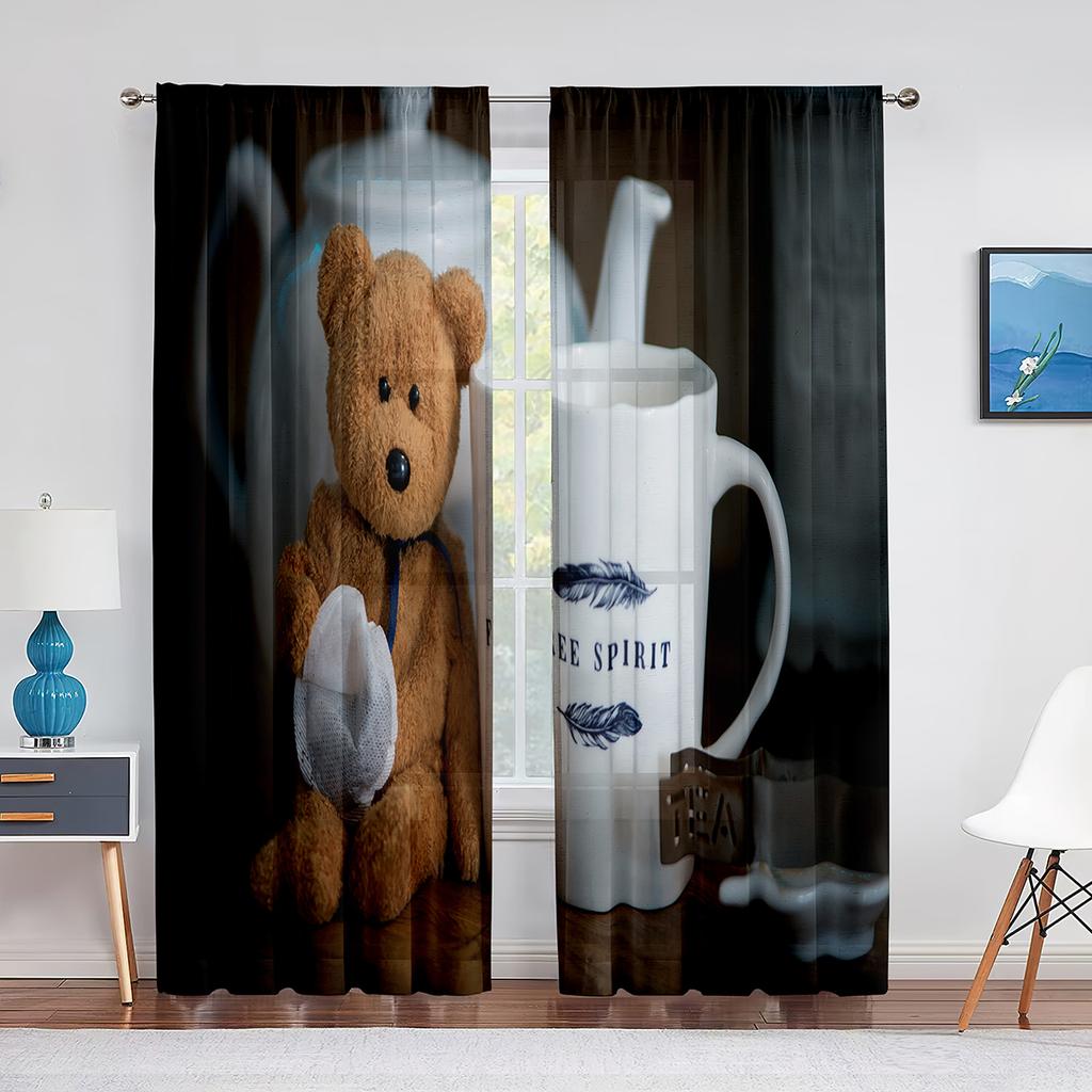 Семейные тюлевые шторы Happy Teddy Bears для кухни, гостиной, спальни, прозрачный шифон, прозрачная оконная занавеска из вуали