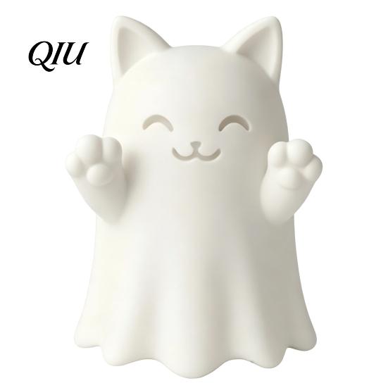 Ghost Cat Figurines 3D Printed Cute Figurine, Wink Smile Surprise Spooky Halloween Decor, Handmade Artistic Sculptures Blank White DIY Paintable