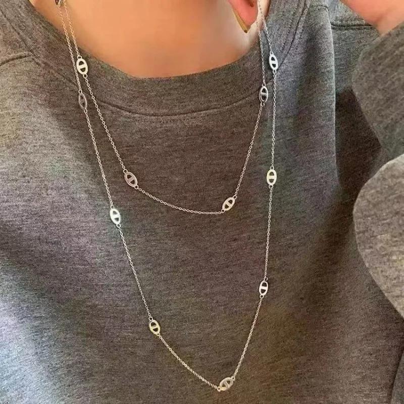 Simple Stacking Pig Nose Fashion Silver Metal Long Necklace Sweater Chain