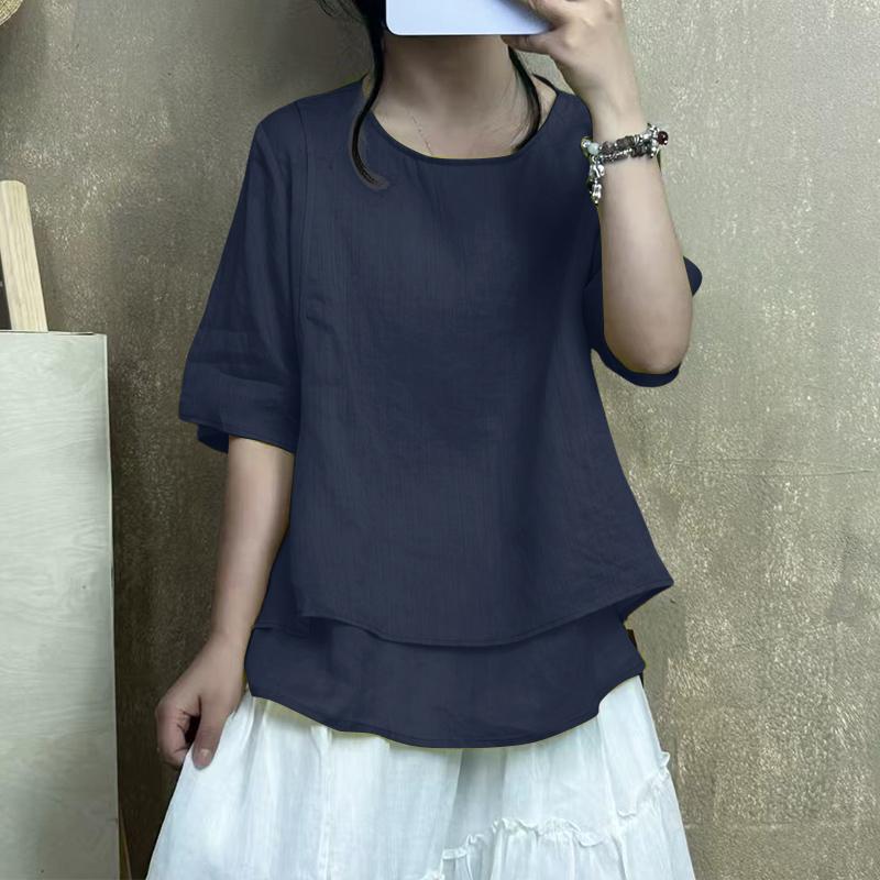 ZANZEA Женская летняя блузка с круглым вырезом, свободного кроя, с рукавом до локтя