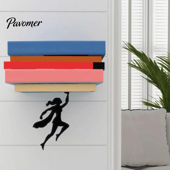 Unique Floating Book Holder Hero Bookshelf, Wall Mounted Storage Shelf, Creative Invisible Metal Shelf for Hanging Rack Small Apartments Study