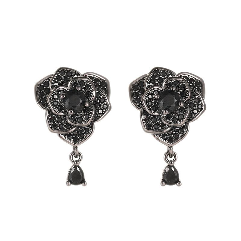 Очаровательные женские серьги с черными цветами и кубическим цирконием, свадебные серьги с каплями воды для женщин, роскошные винтажные серьги-гвоздики с маленькими камнями