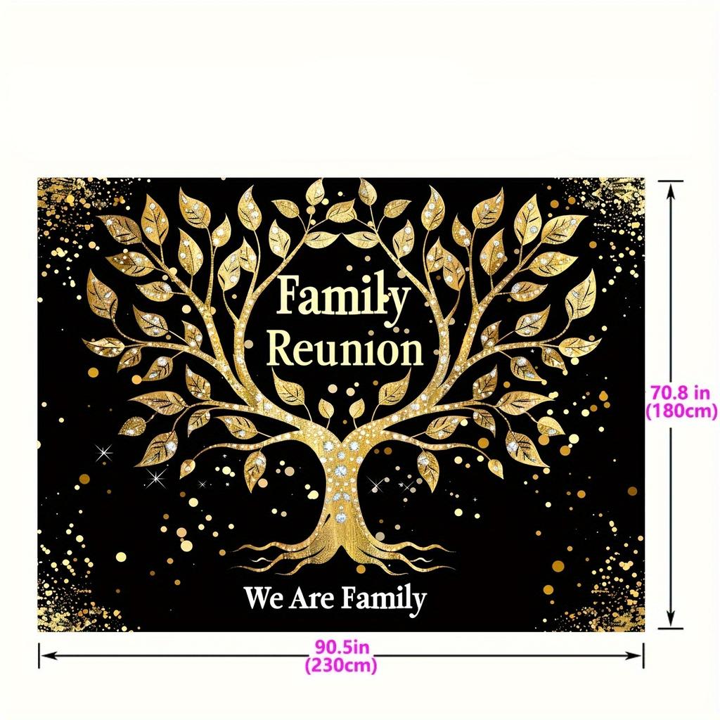 Family Reunion Background Banner - Polyester Black and Gold Genealogy Party Decoration, Party