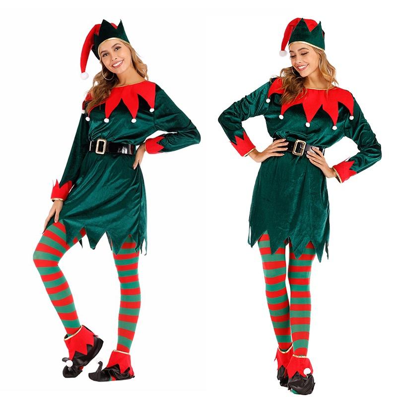 Women's Festive Xmas Elf Outfit Velvet Cosplay Costume With Bells