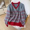 2026 Fall/Winter Korean Casual Color Block V-Neck Striped Knit Sweater