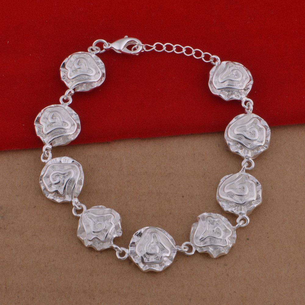 Rose Flower 925 Sterling Silver Plated Jewelry Set: European and American Style Bracelet, Necklace, Earrings
