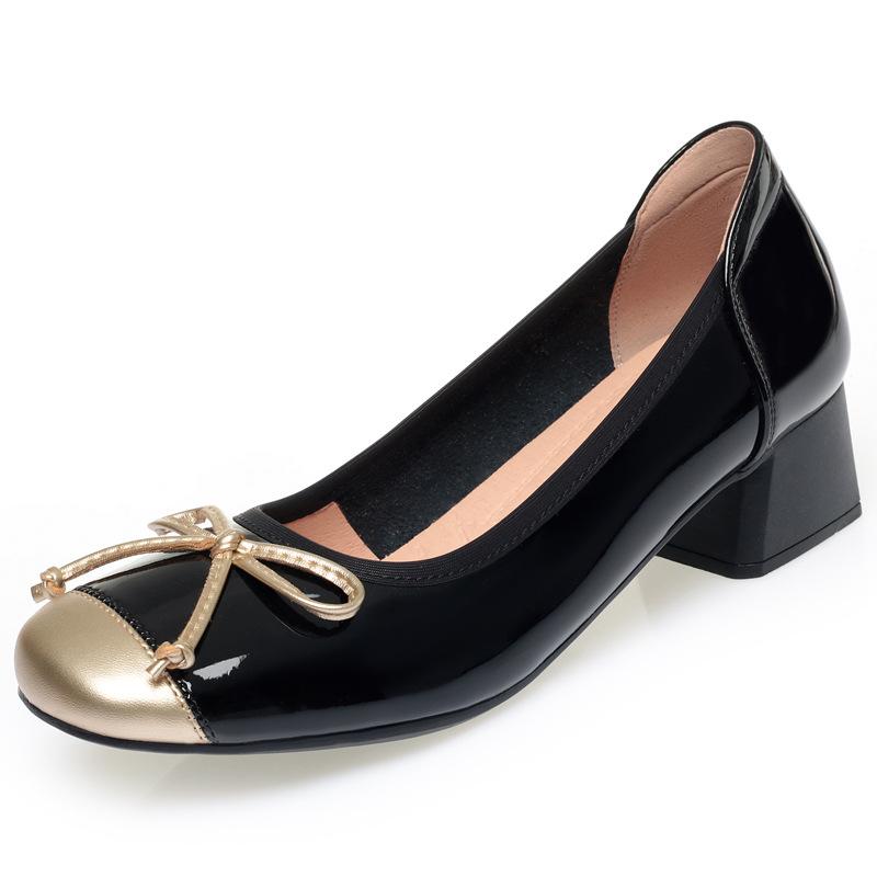 Туфли-лодочки из натуральной кожи с бантом и круглым носком, золотисто-черные, с неглубоким горлом, элегантные туфли Мэри Джейн на один шаг