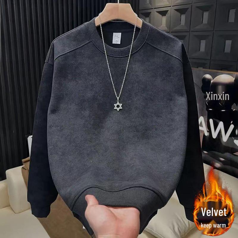 Men's Slim Fit Velvet Hoodie - American Style, Versatile Round Neck, Casual Long Sleeve, Autumn/Winter Fashion.