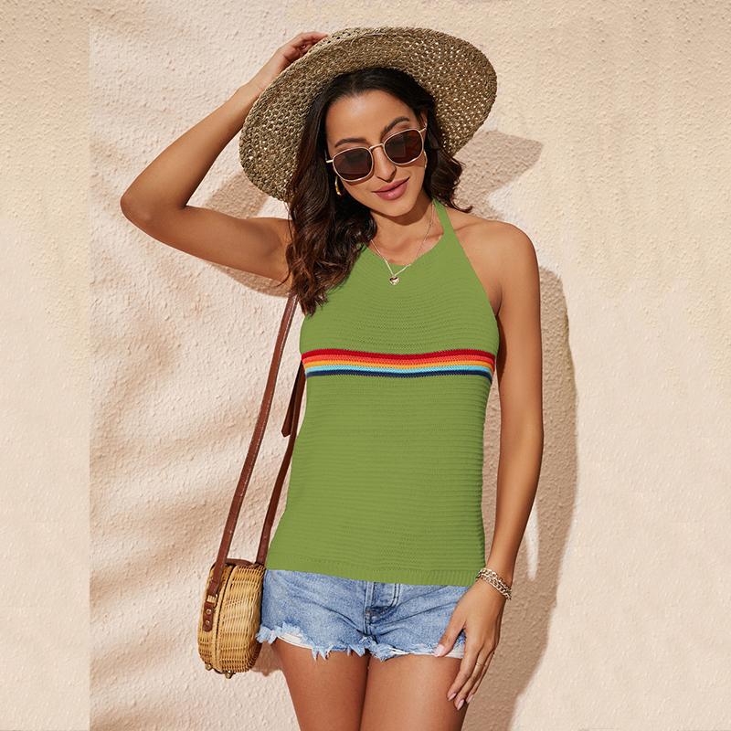 Spring and Summer Women's Vest Rainbow Colorful Hanging Neck Top Fashion Backless Knitted Tops Lace-up Undershirt Female Vest