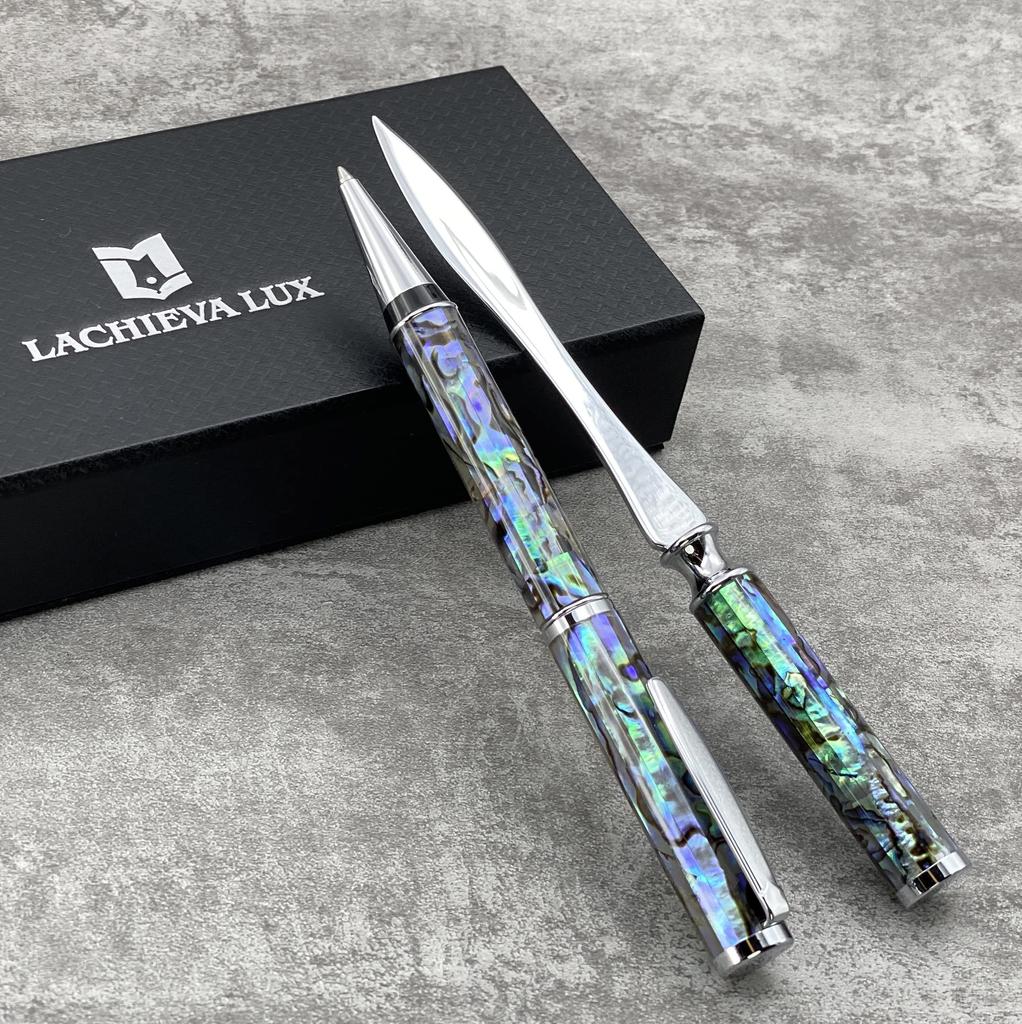 LACHIEVA LUX Luxury Abalone Shell Metal Ballpoint Pen and Shell Letter Opener Nice Pen Gift for Men and Women Set,