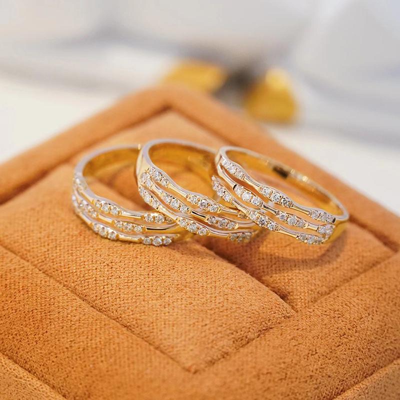Huitan Fancy Three Line Gold Color Ring for Women with Dazzling Cubic Zirconia 2023 New Wedding Engagement Bands Ladies Jewelry