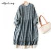 Mori Girl, весенне-осеннее женское платье в стиле ретро с воротником-стойкой, синее, абрикосовое, кофейное, с цветочным принтом, хлопковое и льняное винтажное свободное платье миди