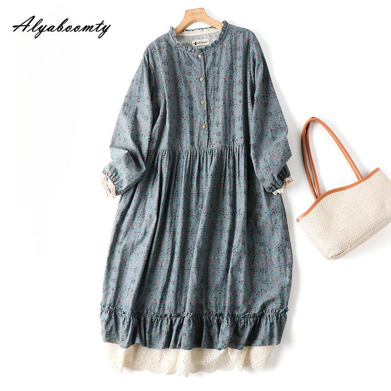 Mori Girl, весенне-осеннее женское платье в стиле ретро с воротником-стойкой, синее, абрикосовое, кофейное, с цветочным принтом, хлопковое и льняное винтажное свободное платье миди