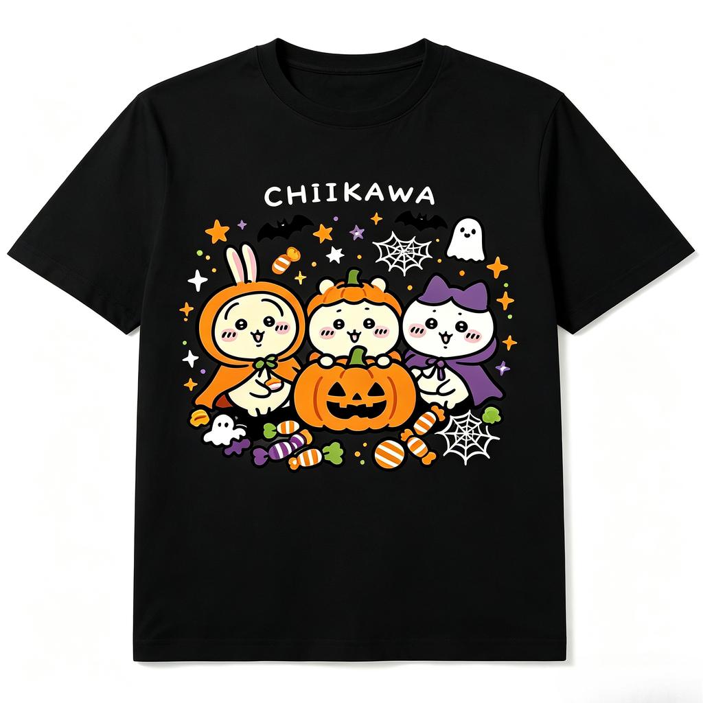 Футболка с графическим принтом Chiikawa Хэллоуин Тыква Ведьма, с коротким рукавом, повседневный топ для жуткого сезона, для фанатов аниме, праздничной вечеринки, для повседневной носки