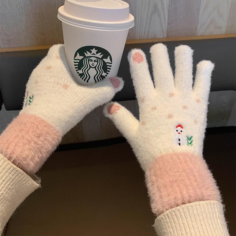 Милые корейские перчатки для женщин на зиму, милый рождественский снеговик, плюшевые, вязаные из шерсти, студенческие, для тепла зимой