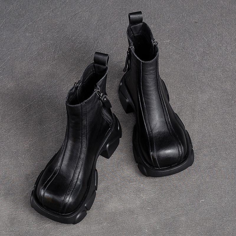 Johnature Ботинки из натуральной кожи на толстом каблуке, женские однотонные туфли с круглым носком в стиле ретро, ​​ботильоны на толстой подошве