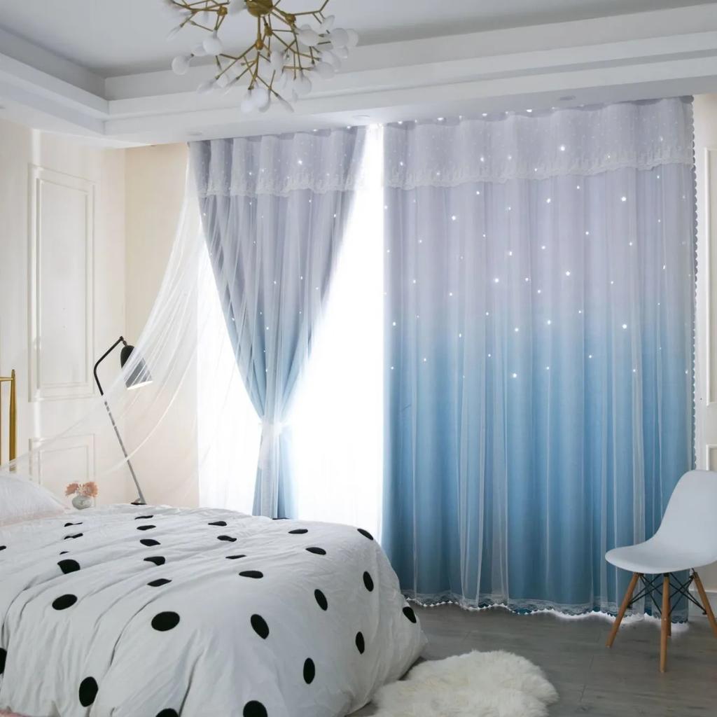 2 шт., простая градиентная цветная занавеска со звездами, занавеска принцессы Ins с высоким затемнением, для спальни, гостиной, двойная тканевая марлевая занавеска