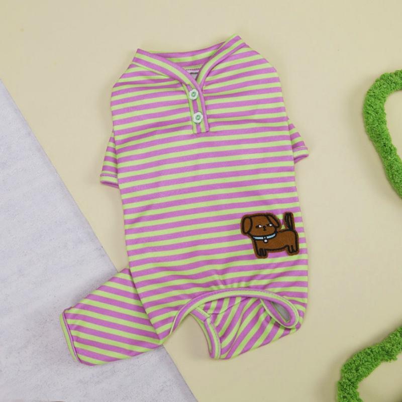 Cute Striped Dog Pajamas Cartoon Print Pet Jumpsuit Soft Puppy Onesie Fashion Cat Overalls Pet Sleepwear Four-Legged Dog Clothes