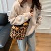 New Cute Plush Bucket Bag Single Shoulder Oblique Span Niche Fashion Design Sense Leopard Print Personalized Portable