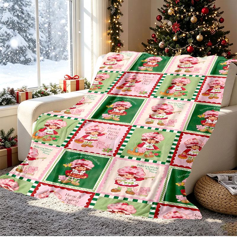 Strawberry Shortcake Pattern Blanket for Home Decoration, Bed, Sofa, Car Travel, Camping, Suitable for All Seasons, Birthday Christmas Gift