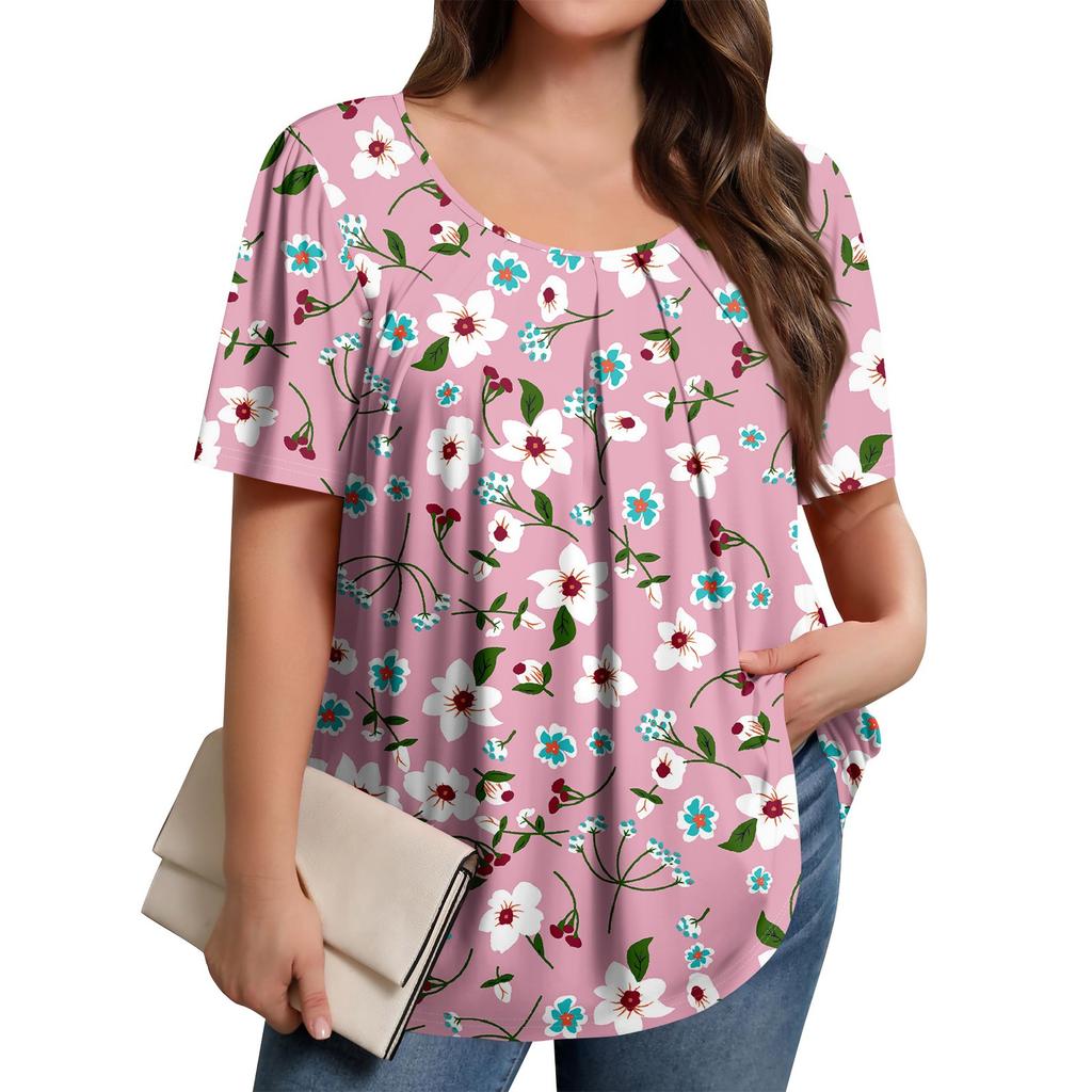 Плюс Размер Женский Повседневный Круглый Вырез Плиссированный Короткий Рукав Однотонный Топ