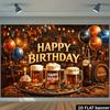 3D flat bar style beer birthday background with beer cups, cupcakes, and balloon decorations
