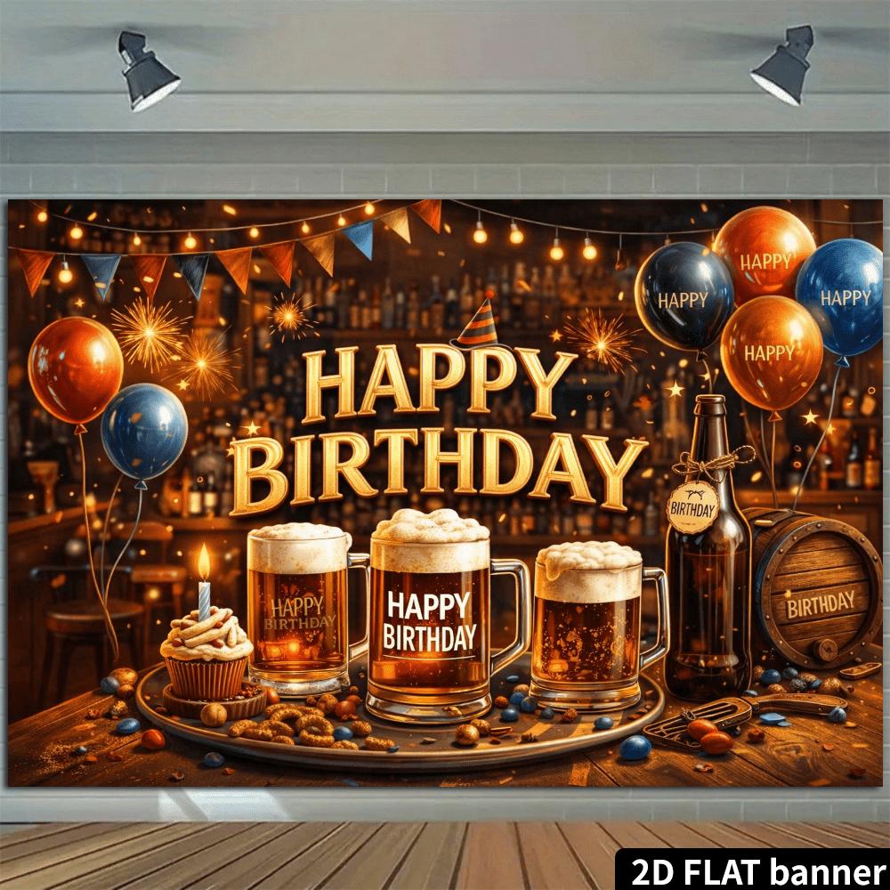 3D flat bar style beer birthday background with beer cups, cupcakes, and balloon decorations