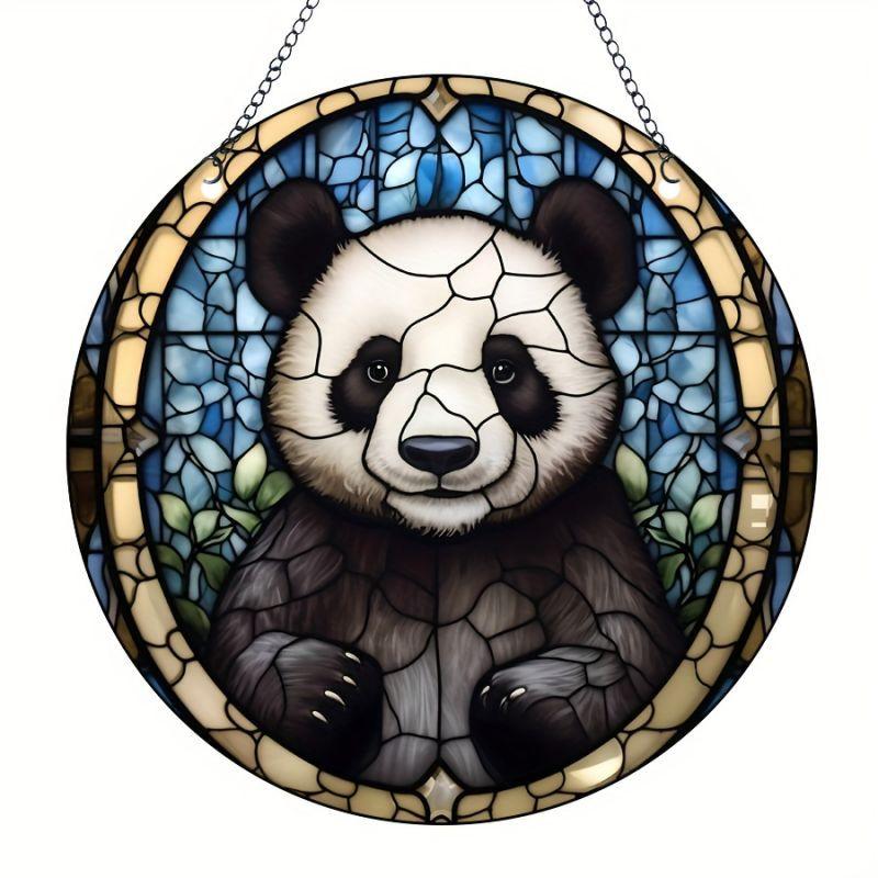 1pc 2d Flat Wood Animals Panda Print Stained Window Suncatcher Home Room Wall Decor Cat Pattern Wooden Sign - 20cm Round Wooden Hanging Pendant DIY