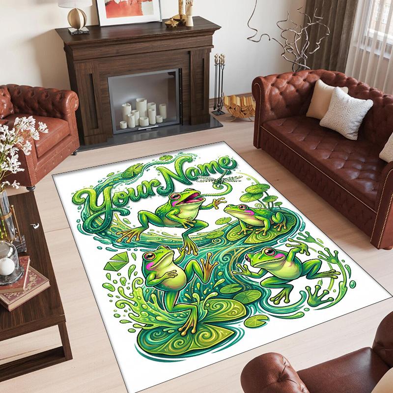 Frog Theme Crystal Velvet Floor Rug Personalized Custom Name Text Warm Carpet Home Decoration
