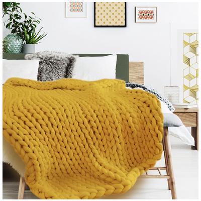 [R1075] - Плед акриловый 'Chunky Knit' горчичный охра (вязание спицами) - 150х120 см