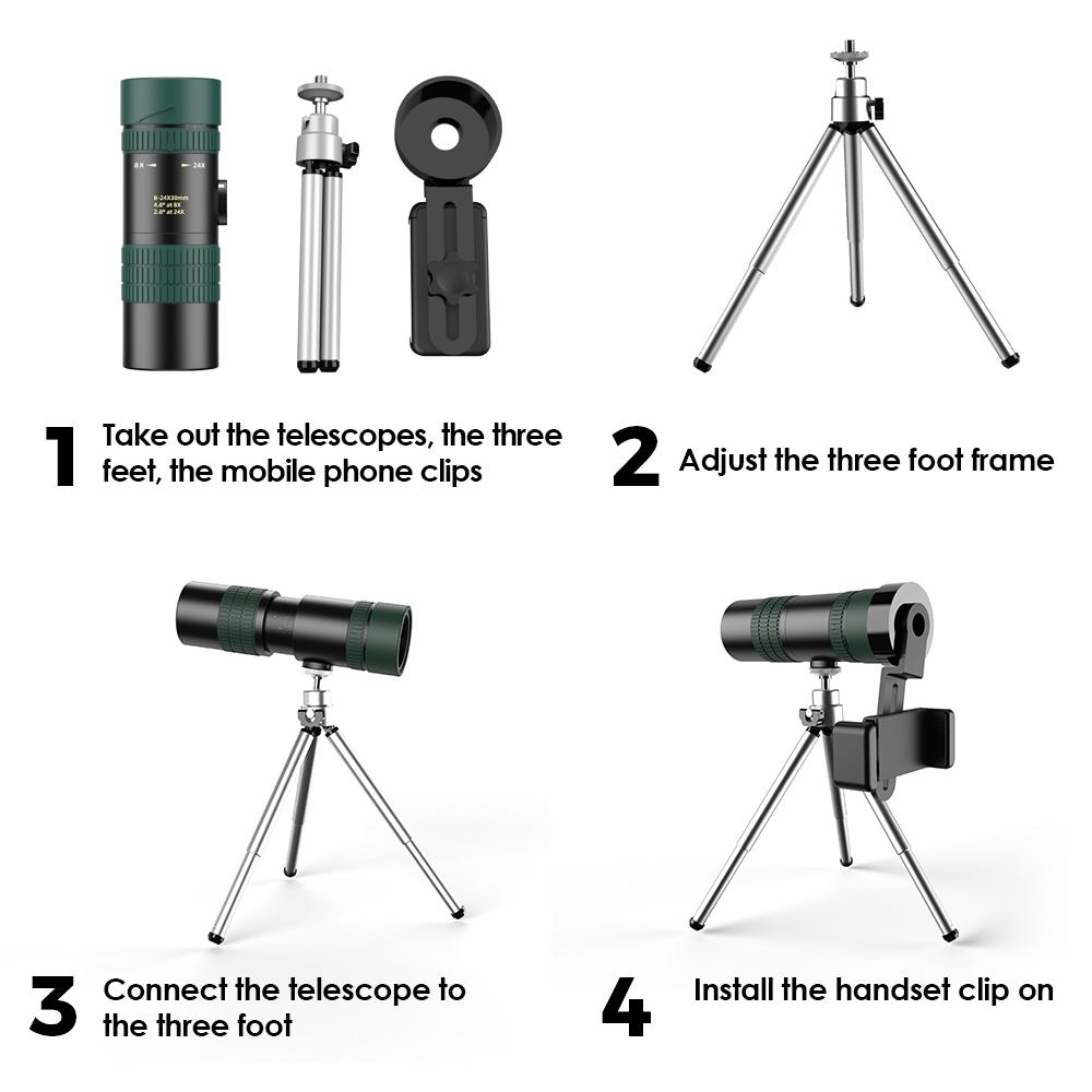 APEXEL Portable Monocular Telescope 8X24X Zoom BAK4 Prism FMC Lens with Smartphone Holder & Tripod