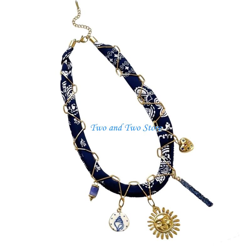 HX6F Fashionable Necklace For Stylish Ladies Multi Pendant Fabric Stainless Steel