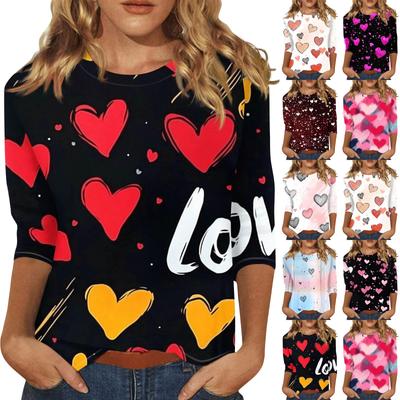 Женская модная повседневная футболка с круглым вырезом и принтом в виде сердца ко Дню святого Валентина, рукав три четверти