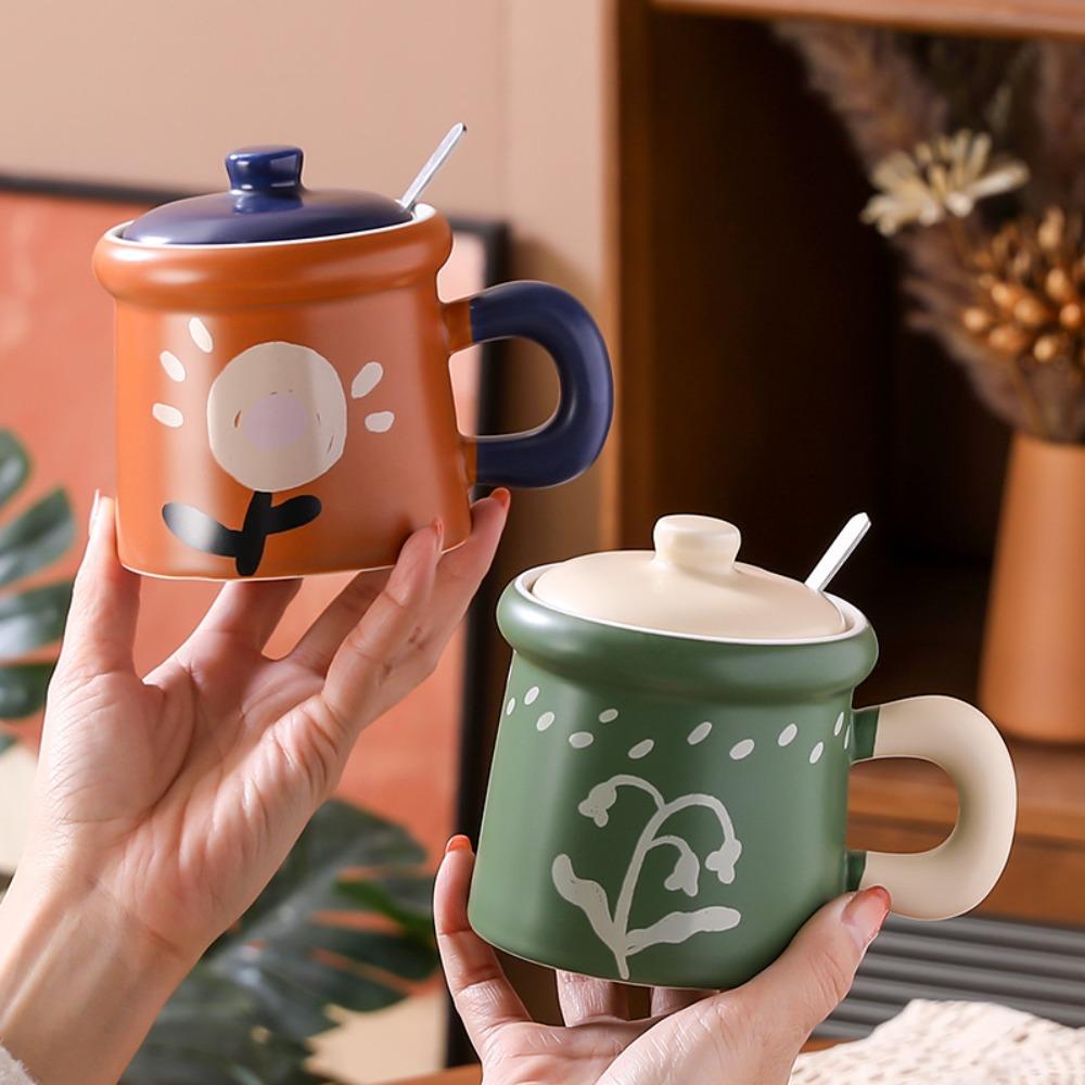 Japanese Creative Flower Ceramic Cup Retro Mug with Lid High Value Souvenir Coffee Cup Household Water Cup