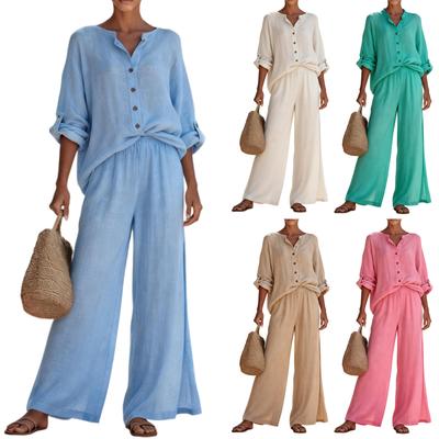 Женский Повседневный Комплект из Двух Предметов: Рубашка с V-образным вырезом и длинным рукавом и Длинные Брюки