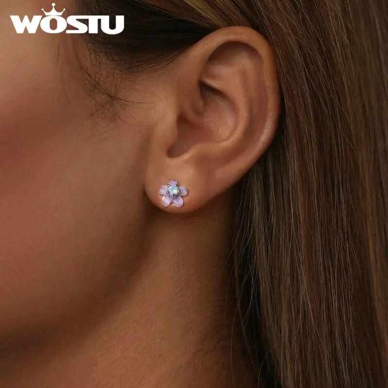 WOSTU Серьги-гвоздики из стерлингового серебра 925 пробы с фиолетовым цветком и нано-опаловым камнем, ювелирные изделия для женщин и девочек, милый подарок