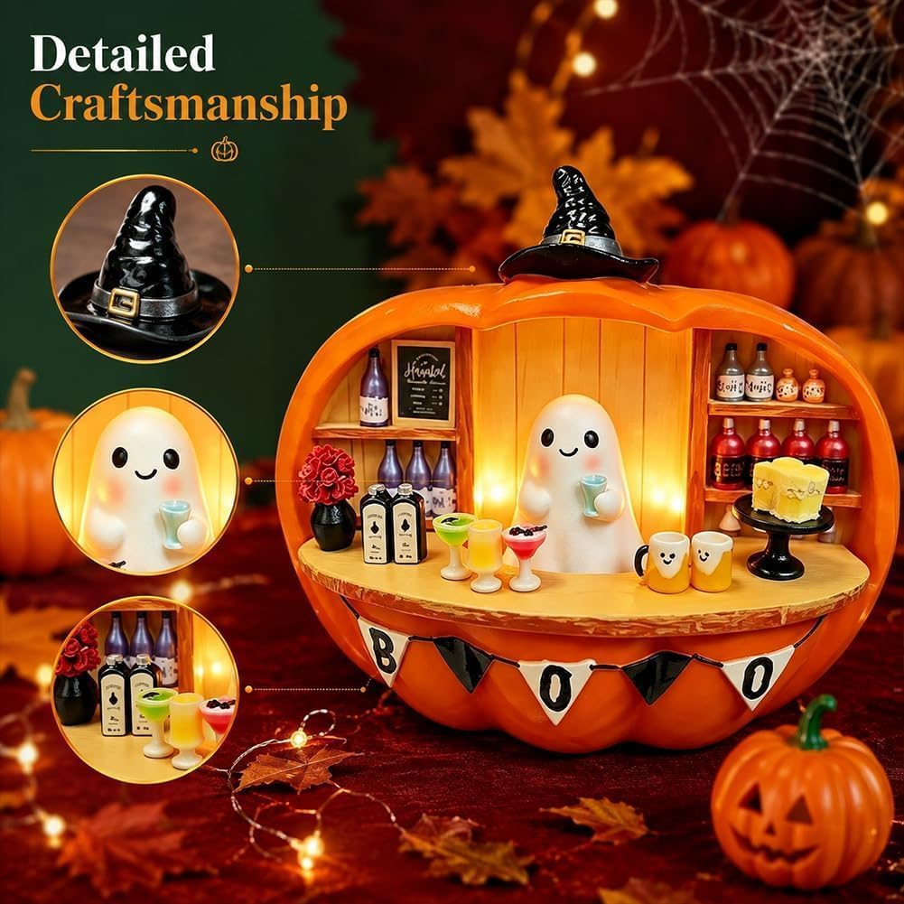 Halloween Ghost Bartender Pumpkin Statue, Illuminated Diorama Scene Figurine, Spooky Cute Ghost Bar Counter Pumpkin Decor, Festive Tabletop