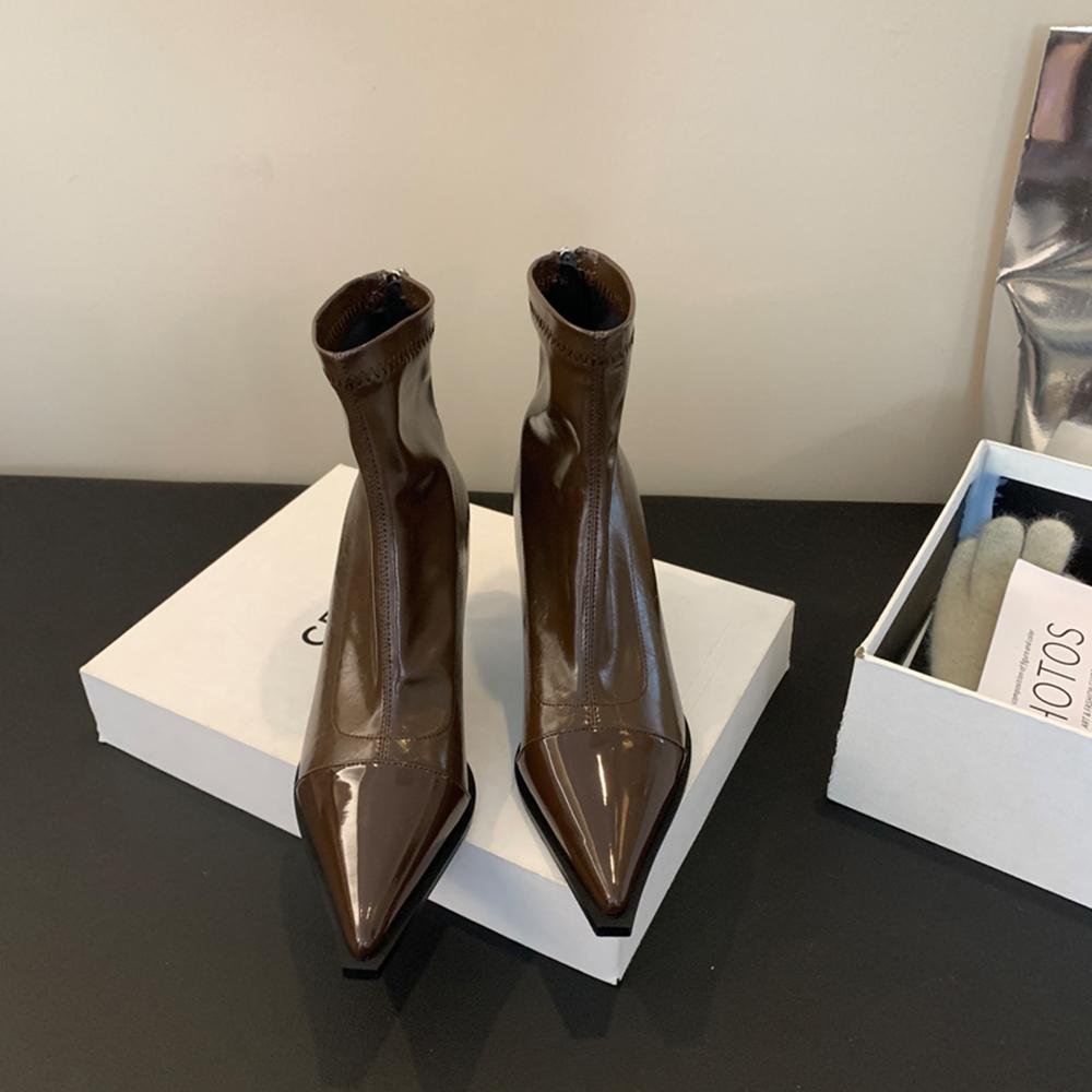 Мода Черный Серебристый Коричневый Женские Ботильоны Острый Носок Короткие Носки Ботильоны Тонкий Высокий Каблук Молния Сзади Однотонные Модные Туфли